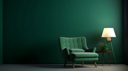 Living room with green armchair on empty dark green wall background, Bright color, ultra realistic