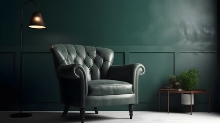 Style loft interior with gray armchair on empty dark green wall background, Bright color, ultra realistic