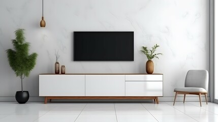 Mock up white wall background,Modern living room decor with a tv cabinet, Bright color, ultra realistic