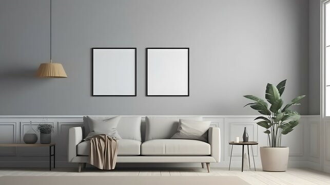 Blank picture frame mockup on gray wall. White living room design. View of modern scandinavian style interior with square artwork mock up on wall. Home staging and minimalism concept, Bright color, ul