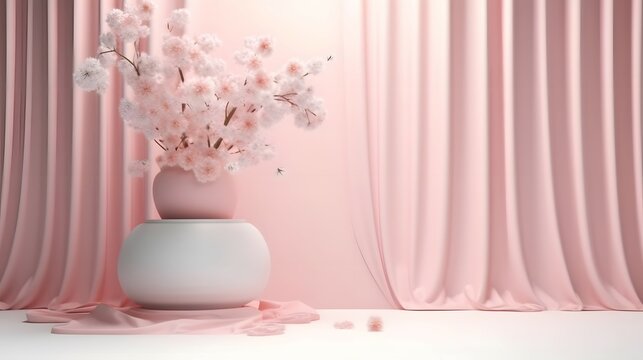 Realistic 3D render blank empty pastel pink podium with cherry blossom flower bouquet and blowing white curtain. Beauty products display, Backdrop, Advertising, Space, Foliage, Shadow, Sunlight, Brigh