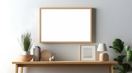 Obraz na płótnie Canvas Blank wooden picture frame mockup on wall in modern interior. Horizontal artwork template mock up for artwork, painting, photo or poster in interior design, Bright color, ultra realistic