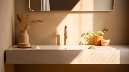 Fototapeta na wymiar Modern and luxury bathroom vanity with white concrete countertop and rectangle washbasin in sunlight from window and leaf shadow on beige wall, Bright color, ultra realistic