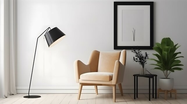 Blank picture frame mockup on white wall. White living room design. View of modern scandinavian style interior with chair. Home staging and minimalism concept, Bright color, ultra realistic