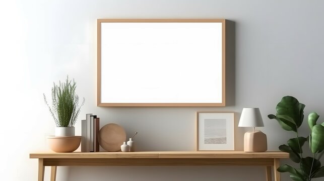 Blank wooden picture frame mockup on wall in modern interior. Horizontal artwork template mock up for artwork, painting, photo or poster in interior design, Bright color, ultra realistic