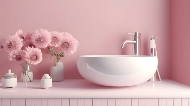 Realistic 3D render close up elegant bathroom vanity countertop with white ceramic wash basin and faucet, pom pom flowers. Morning sunlight, Blank space for beauty product display, pink wall tiles, Br
