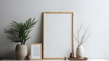 Blank picture frame mockup on white wall. Artwork in minimal interior design. View of modern boho style interior with canvas for painting or poster on wall. Minimalism concept, Bright color, ultra rea