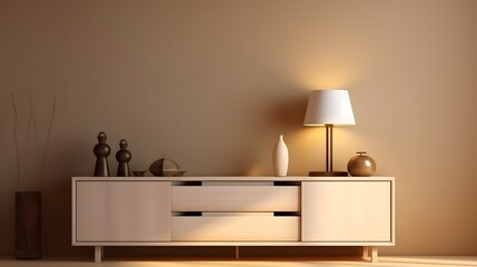 Modern design sideboard top with space, lamp, books in morning sunlight in living room with beige wall. 3D render of product display background, backdrop for home appliances, luxury lifestyle product,