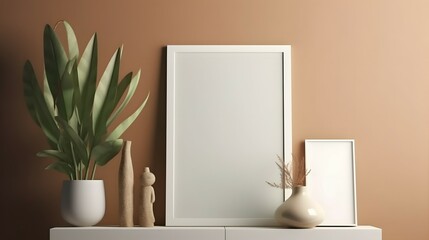 Blank picture frame mockup on wall in modern interior. Artwork template mock up in interior design. View of modern boho style interior with plant in trendy vase, Bright color, ultra realistic