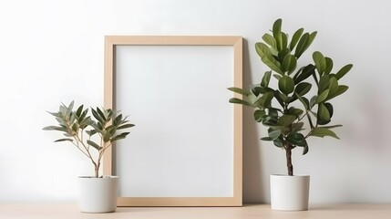 Empty square frame mockup in modern minimalist interior with plants on white wall background, Template for artwork, painting, photo or poster, Bright color, ultra realistic