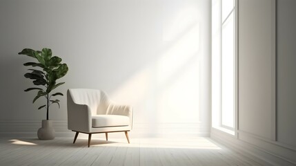 Modern minimalist interior with an armchair on empty white color wall background, Bright color, ultra realistic