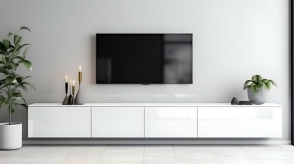 Mock up white wall background,Modern living room decor with a tv cabinet, Bright color, ultra realistic