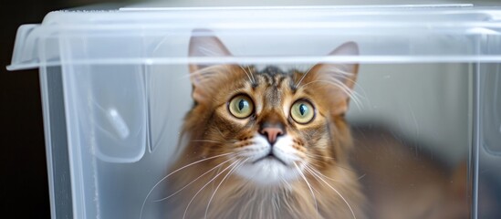 Somali cat inside clear plastic box