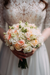 The image is about a woman holding a bouquet of flowers, likely a bride in a wedding dress. 5232