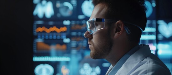 Young genetic lab researcher in protective glasses using immersive interface with medical data and infographics. Real studio shot, side view.