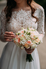 The image is about a woman holding a bouquet of flowers, likely a bride in a wedding dress. 5233