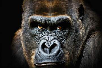 Face of a gorilla close-up on a black background. 