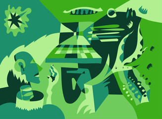 Futuristic illustration in vector flat style. Flat illustration with laptop, floral drawing. Digital detox idea. Artificial intelligence concept. Human design.