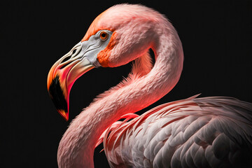Obraz premium head of a pink flamingo close-up on a black background. generative AI