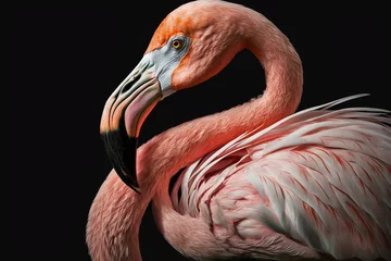 Keuken spatwand met foto head of a pink flamingo close-up on a black background. generative AI © VSzili