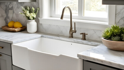 Fototapeta premium Detail image of a kitchen sink including white marble backsplash and countertop, grey cabinets, and ornamentation.