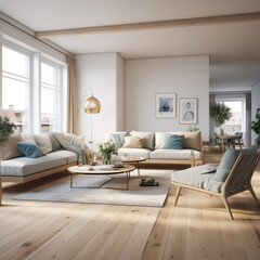 Naklejka na ściany i meble Modern Interior Design Living Room with white sofa and empty wall mockup
