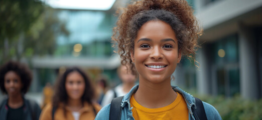 Joyful return to school captured by a young Black student's smile, stylish autumn wear against a lively university backdrop.