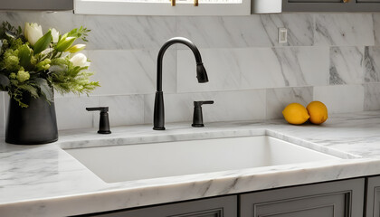 Detail image of a kitchen sink including white marble backsplash and countertop, grey cabinets, and ornamentation.