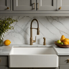 Detail image of a kitchen sink including white marble backsplash and countertop, grey cabinets, and ornamentation.