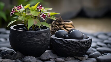 A flower pot filled with volcanic stones