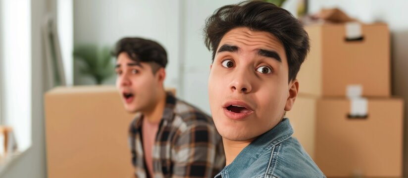 Surprised young Hispanic gay couple moving to new home with skeptical and sarcastic expressions.