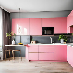 Fototapeta na wymiar Modern kitchen interior pink cupboards