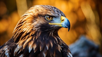 A vertical shot of a golden eagle with a blurry natural background and selective focus is used to convey its magnificence.