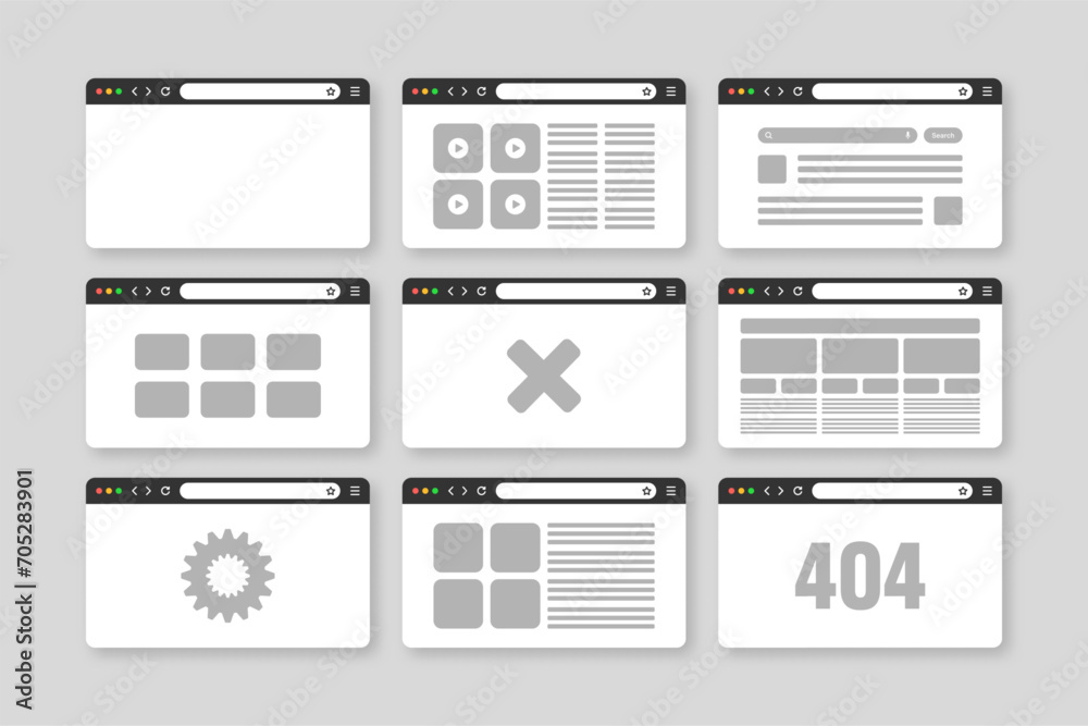 Poster web browser window, pages layout with toolbar and search field. modern website, internet page in fla
