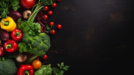 A view of fresh and ripe vegetables, greens, and dark bread loaves on a dark surface in a salad.