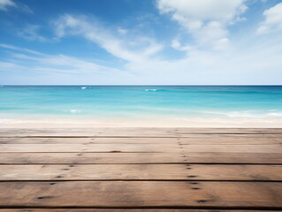 Fototapeta na wymiar Wooden dock over blurred tropical beach and ocean