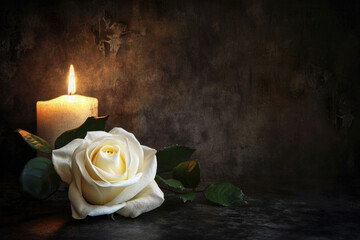 White Rose and Candle on Vintage Background Copy Space