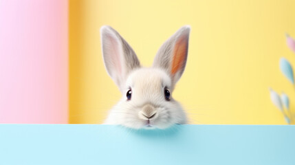 Easter Bunny Rabbit Looking Over Signboard on Pink, Blue and Yellow Background Banner