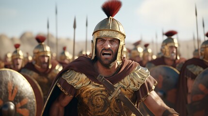 Roman soldier in armor and helmet leading an army - obrazy, fototapety, plakaty