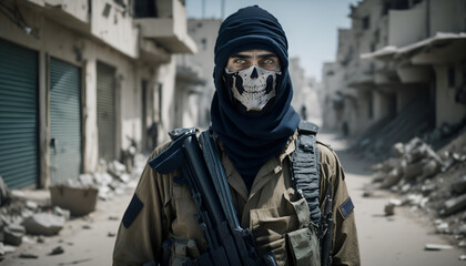 Rebel terrorist warrior in city in ruins. Special forces in war zone - obrazy, fototapety, plakaty