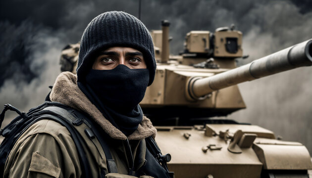 Rebel terrorist warrior with tank. Special forces in war zone