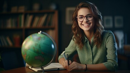 A young lady teacher wearing glasses is seated at an empty school desk with a globe and books in front of the blackboard in her classroom. she is holding a white sheet of paper, giving
