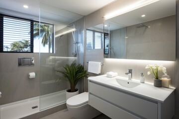 Fototapeta na wymiar Modern bathroom interior with large windows and tropical plants