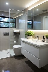 Fototapeta na wymiar Modern bathroom interior with large shower and vanity