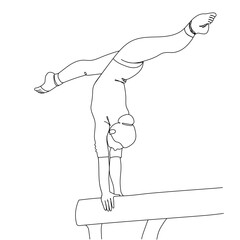 Woman gymnast striking pose on balance beam continuous line vector illustration. Artistic gymnastic female in linear vector art. Olympic games. Sport theme.