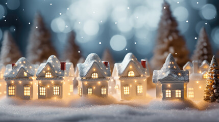 Fototapeta premium miniature Enchanted winter village, A magical scene of a miniature snow-covered village illuminated from within, nestled amidst a serene winter landscape under the starry night sky