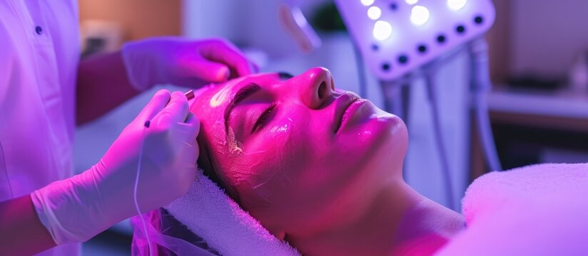 Woman undergoes electric darsonval facial massage for skincare treatment using a high frequency D'Arsonval device.
