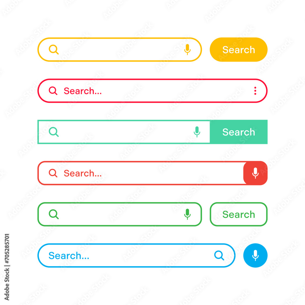 Poster Colorful search bar templates. Internet browser engine with search box, address bar and text field. UI design, website interface element with web icons and push button. Vector illustration