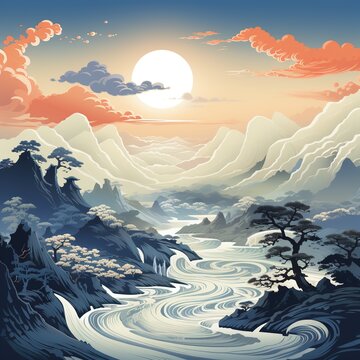 Blue and orange landscape painting of a river flowing through mountains