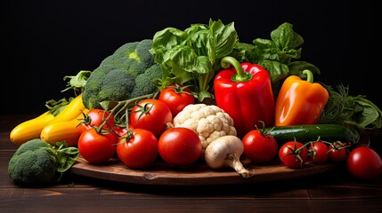 Fresh, ripe vegetables are placed on a wooden plate with various spices.